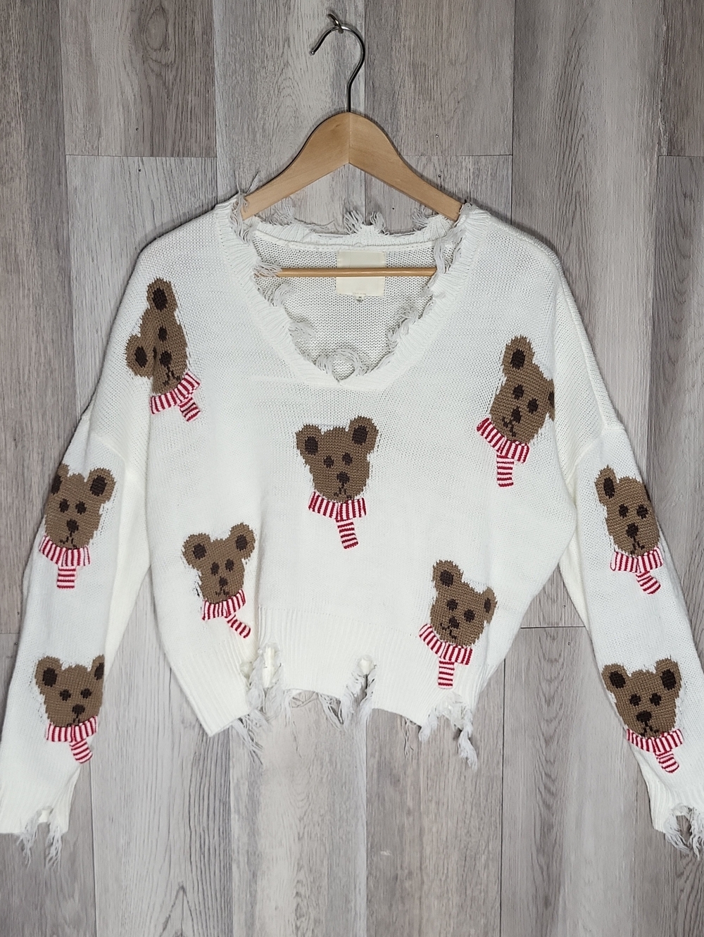 No Comment Distressed Teddy Bear Oversized Novelty Sweater Cropped Womens M